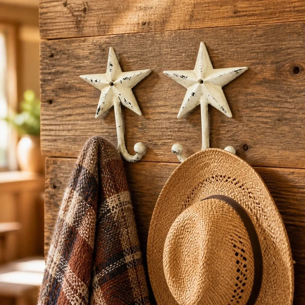 Star Wall Hooks Set of 2 White Distressed Rustic Farmhouse Decor Iron Country